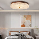 Retro Walnut Finish Round LED Flush Mount Ceiling Light Dimmable with Remote Control