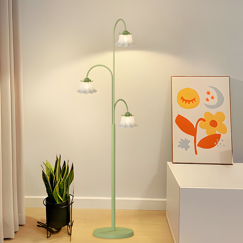 French Style Green Tulip Arc Floor Lamp with Three Dimmable Flower Glass Shades for Living Room