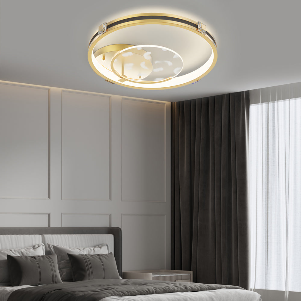 Modern Gold Feather Pattern Round LED Ceiling Lamp with Three Color Dimming Modes
