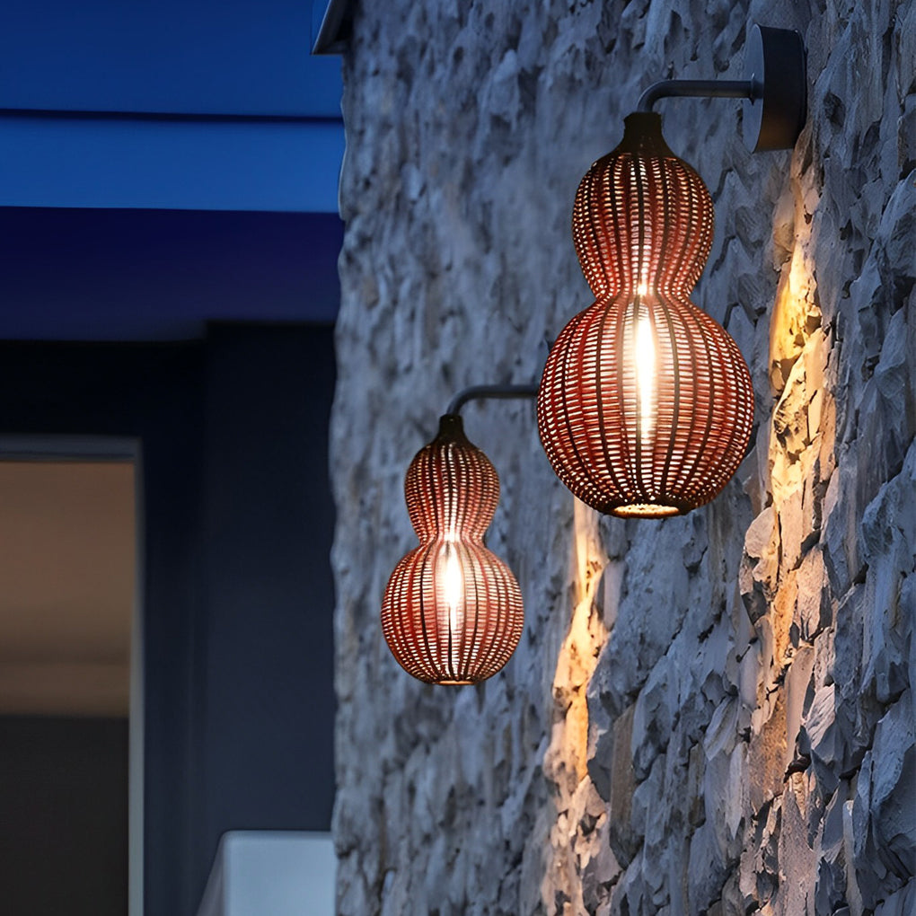 Rustic Woven Rattan Gourd Outdoor Pendant Light IP65 Waterproof Exterior Hanging Lamp for Garden and Patio