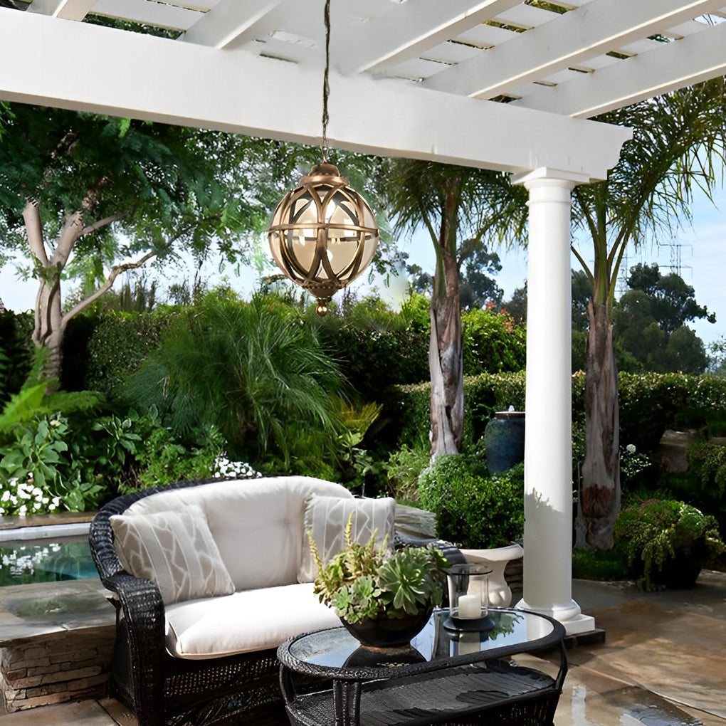 Vintage Waterproof Outdoor Pendant Light Retro Aluminum and Glass Hanging Ball Ceiling Lantern
