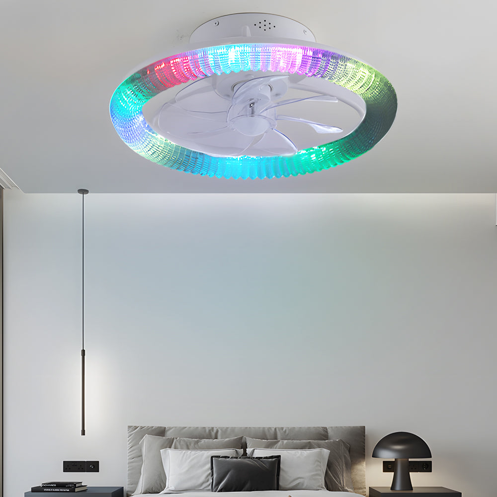 Modern White Round RGB Dimmable Flush Mount Ceiling Fan with Remote Control LED Light