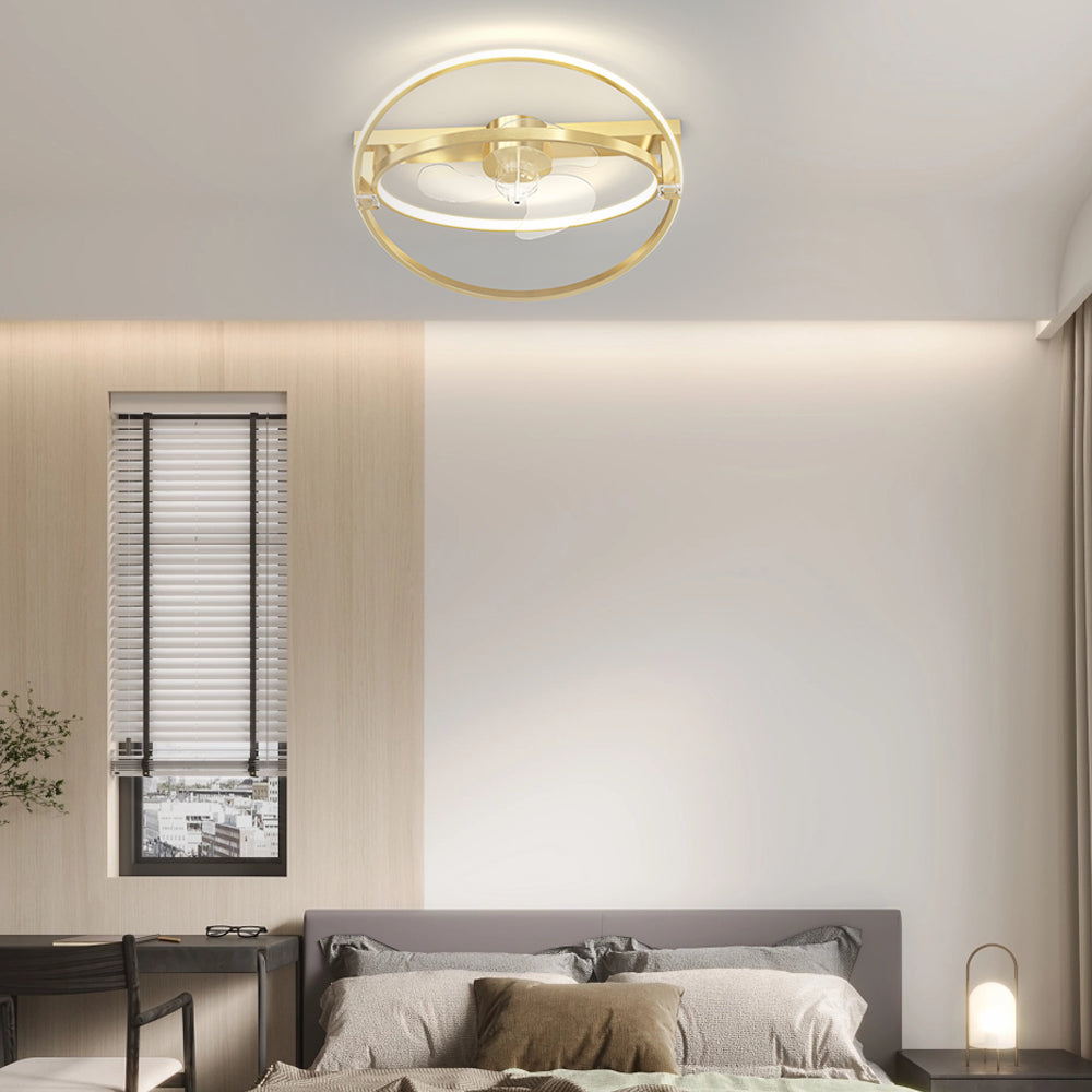Modern 2 Ring LED Flush Mount Ceiling Fan with 3 Step Dimming for Bedroom Kitchen