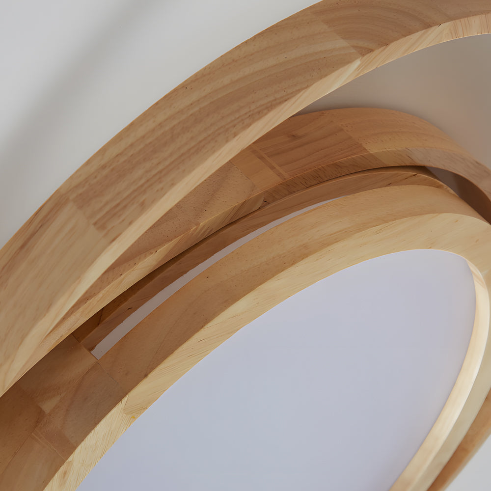 Modern Round Oak Wood LED Ceiling Light with Oval Rings Minimalist Flush Mount Fixture