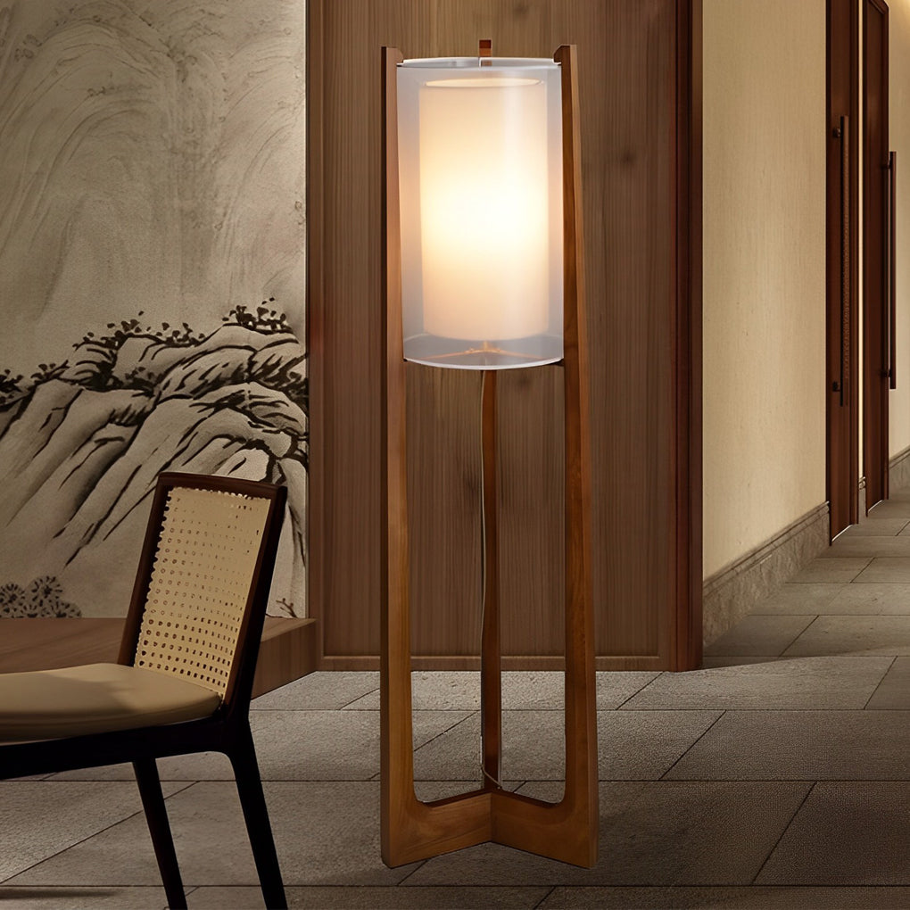 Japanese Style Wood LED Floor Lamp with Double Shade and Natural Finish Standing Light
