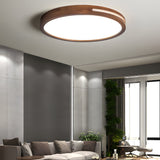 Natural Wood Round LED Ceiling Lamp Retro Dimmable Flush Mount with Remote Control