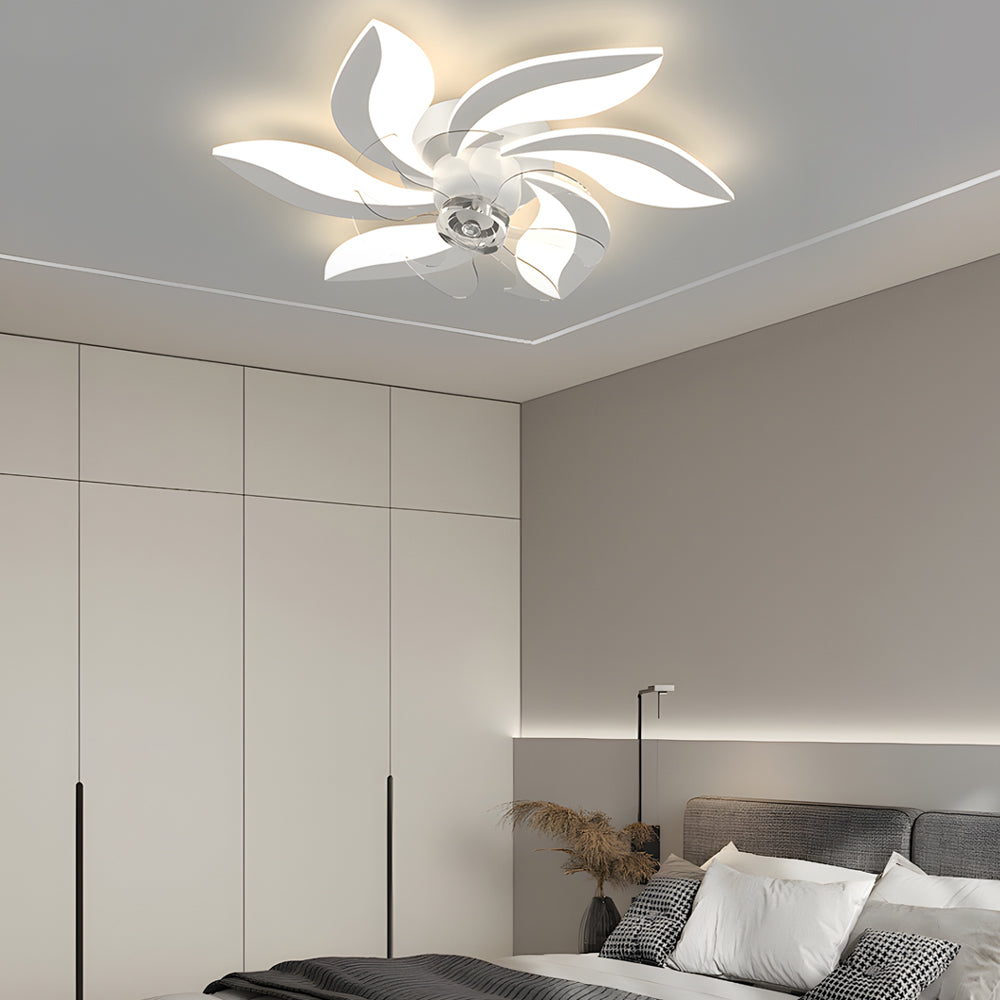 Modern Flower Petal Flush Mount Ceiling Fan with 3 Color Dimming LED Light