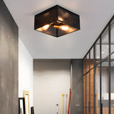 Industrial Square Metal Ceiling Lamp Rustic Black Iron Frame Flush Mount Light for Farmhouse Bedroom and Entryway