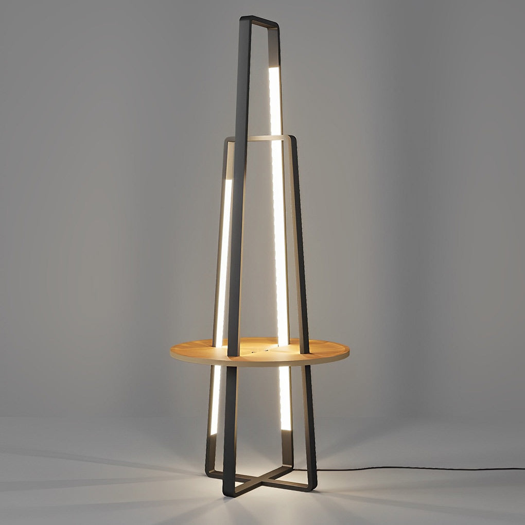 63 Inch Modern LED Tray Floor Lamp with Dimmable Lighting and Wooden Side Table for Living Room