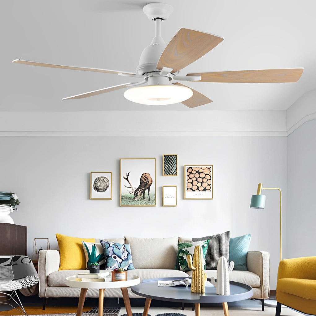 Nordic 52 Inch 5 Blade Dimmable LED Ceiling Fan with Remote Quiet Wood Grain Flush Mount Fan