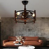 Vintage Industrial Black Metal Cage Bladeless Ceiling Fan with 4 Light Chandelier for Living Room