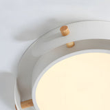 Modern White Iron and Rubber Wood Round Drum Flush Mount LED Ceiling Light Fixture