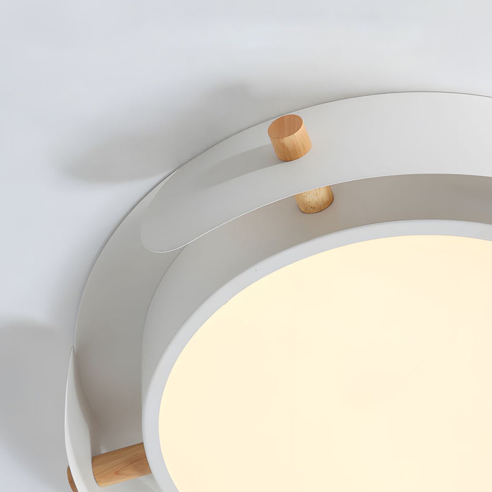 Modern White Iron and Rubber Wood Round Drum Flush Mount LED Ceiling Light Fixture