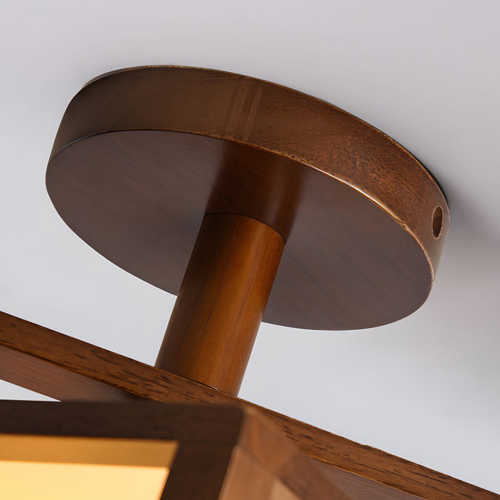 Modern Walnut Wood Cube Semi Flush Mount Ceiling Light with White Glass Shade
