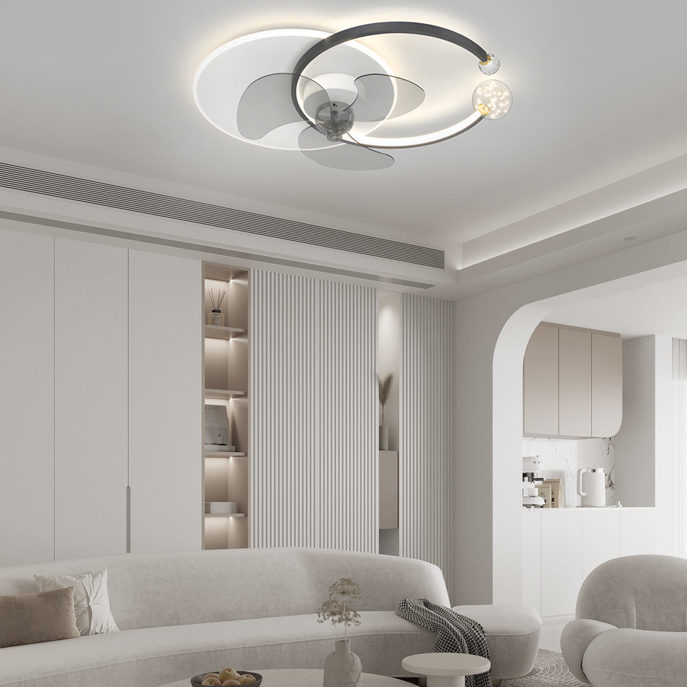 Luxury Crystal Ring Flush Mount Ceiling Fan Light with 3 Color Dimming Low Profile