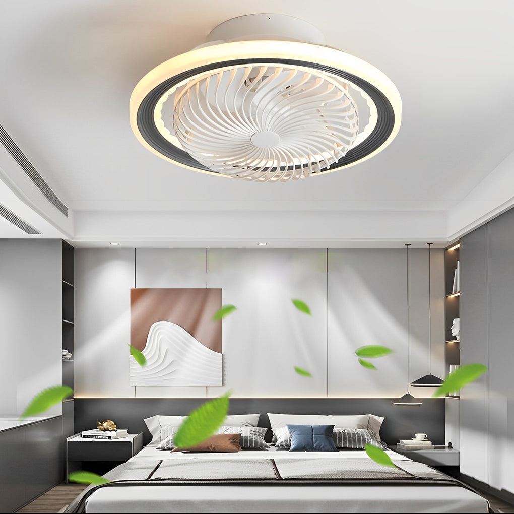 Modern Flush Mount Bladeless Ceiling Fan with Dimmable LED Light and Silent Motor