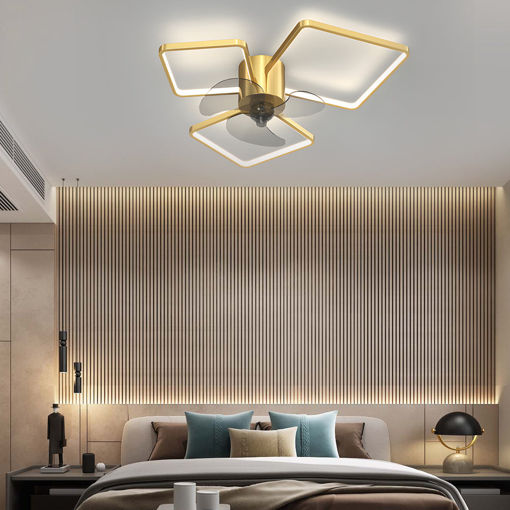 Silent Modern LED Ceiling Fan Light with Square and Round Ring Design Three Step Dimming