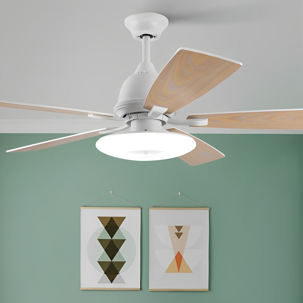 Nordic 52 Inch 5 Blade Dimmable LED Ceiling Fan with Remote Quiet Wood Grain Flush Mount Fan