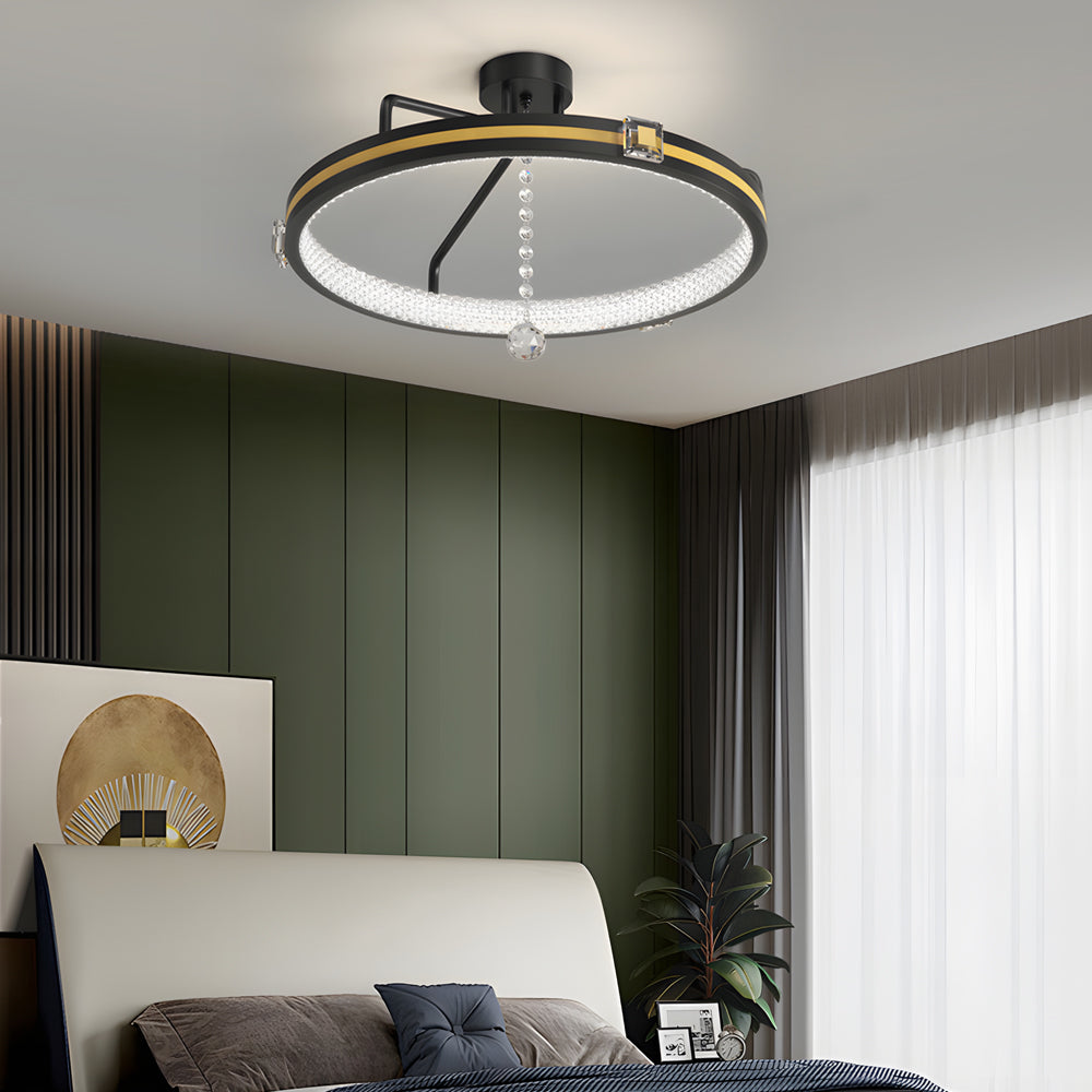 Modern Round Ring LED Ceiling Lamp with Crystal Glass Ball Decor and 3 Step Dimming Control