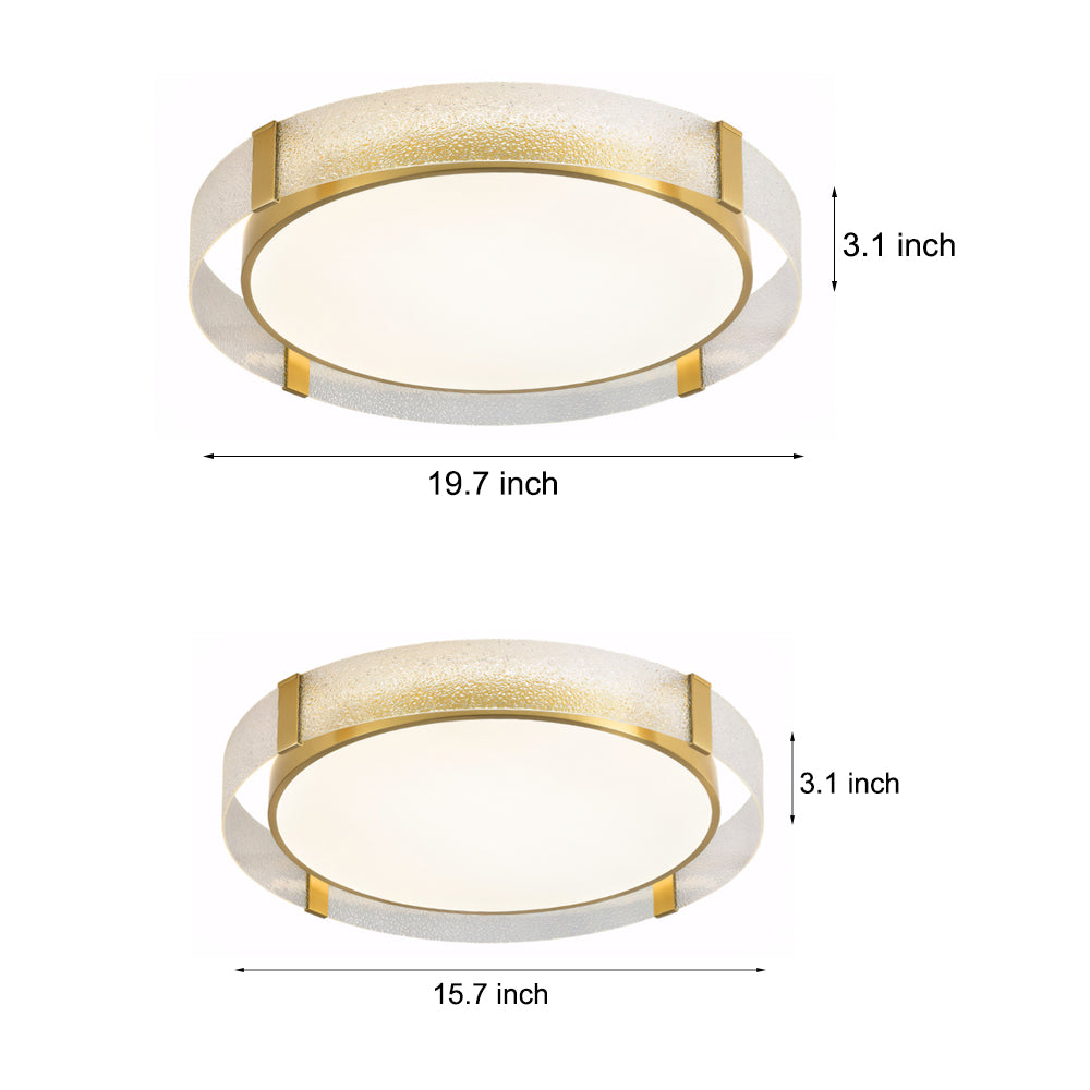 Modern Copper LED Flush Mount Ceiling Light with Water Ripple Glass Drum Shade Gold Finish