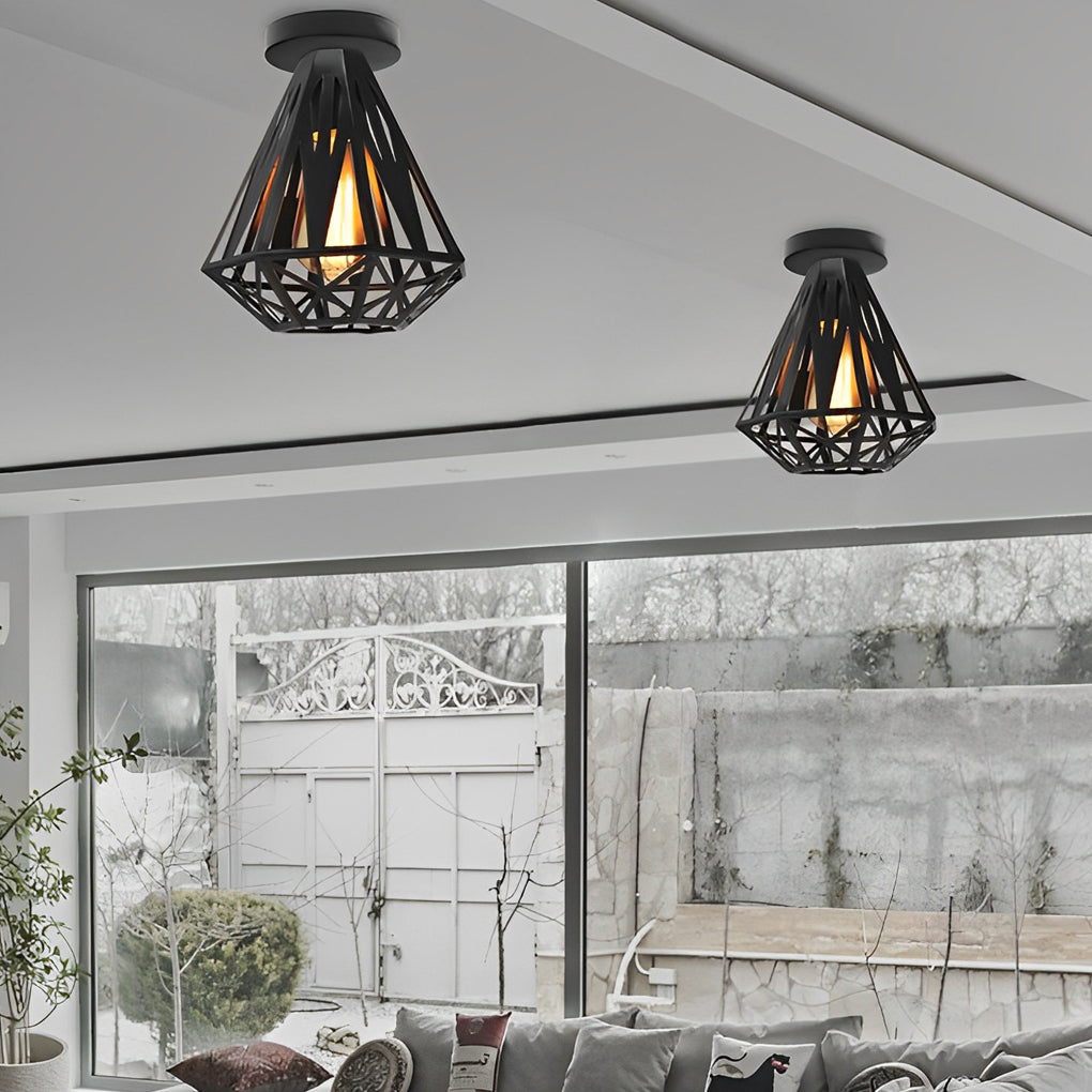 Modern Industrial Metal Cage LED Flush Mount Ceiling Light for Hallway and Entryway