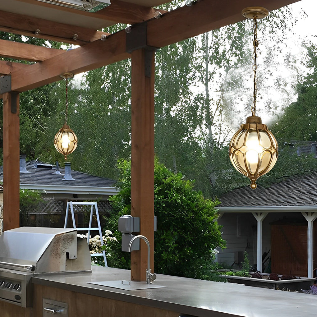 Retro Glass Globe Outdoor Pendant Light Waterproof Aluminum Exterior Chandelier for Porch and Garden