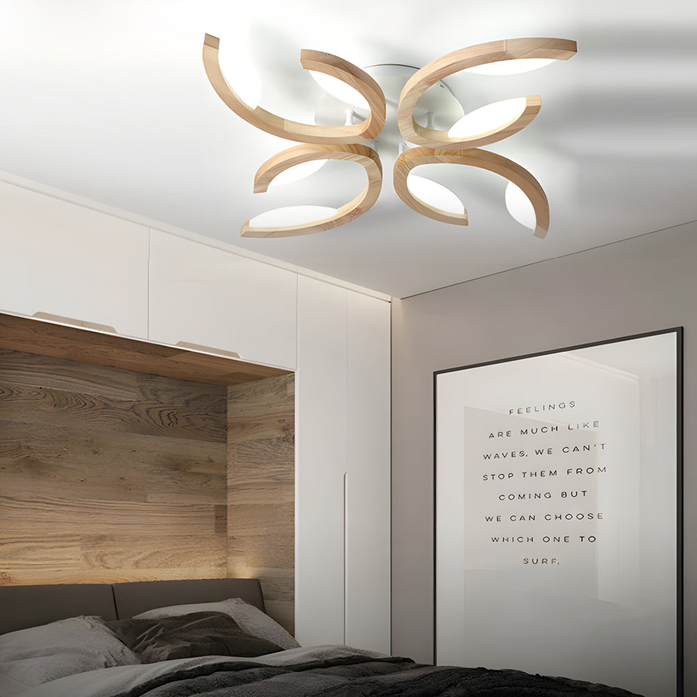 Modern Oak Wood Floral LED Semi Flush Mount Ceiling Light with Petal Acrylic Shades