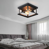 Vintage Square Iron Flush Mount Ceiling Light Retro Industrial Black Metal Fixture