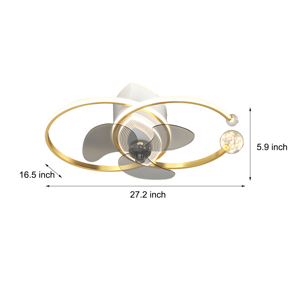 Modern 2 Ring LED Ceiling Fan with 3 Color Dimming for Bedroom Living Room Black and Gold