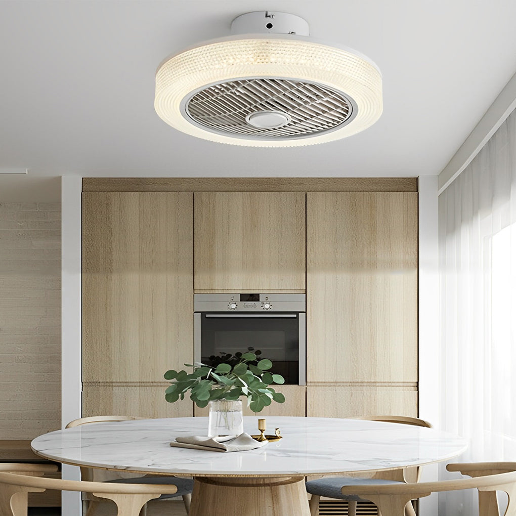 Modern Bladeless Ceiling Fan with Integrated Heater and Dimmable LED Light for Year Round Comfort