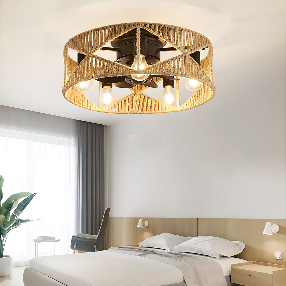 20 Inch Rustic Hemp Rope Woven Caged Ceiling Fan with Light 6 Speed Remote Control for Bedroom
