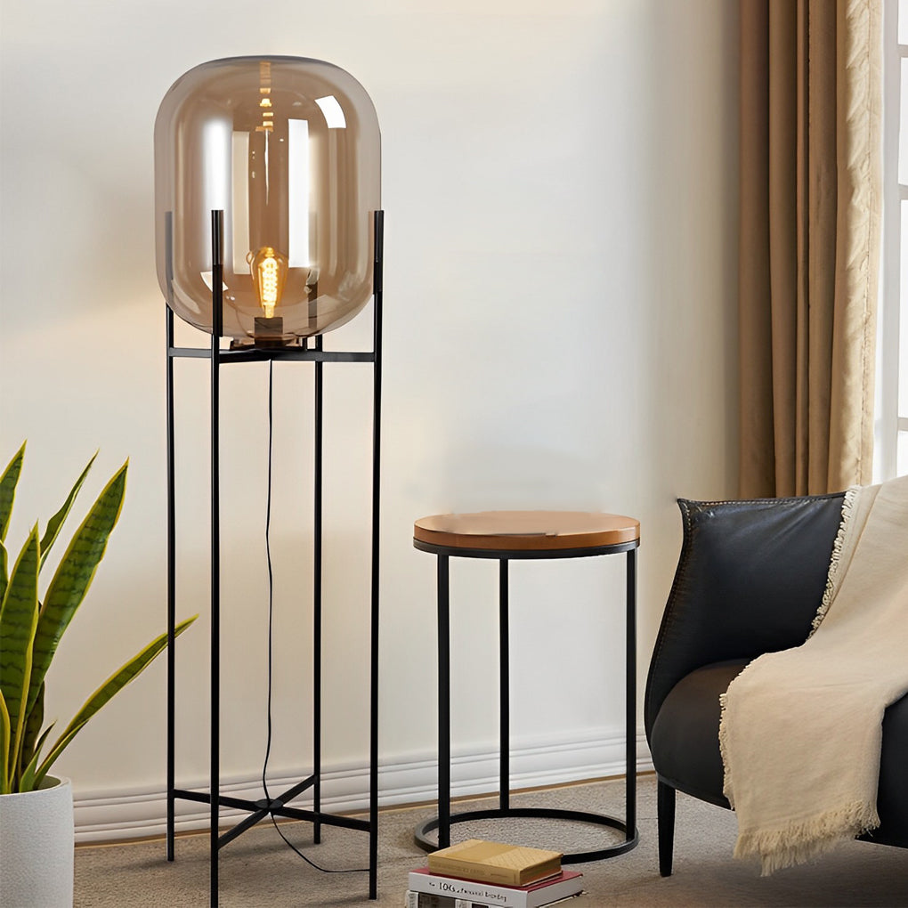 Modern Industrial Floor Lamp with Hand Blown Smoke Glass Shade and Black Metal Frame