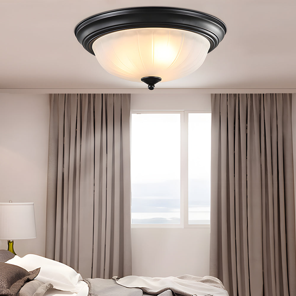 American Vintage Semi Flush Mount Ceiling Light with Round Glass Shade and Iron Frame for Bedroom