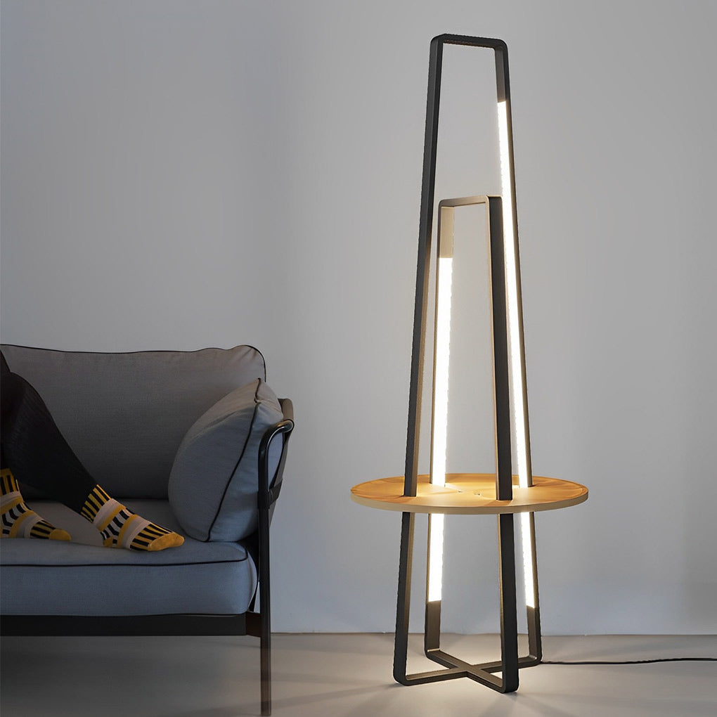 63 Inch Modern LED Tray Floor Lamp with Dimmable Lighting and Wooden Side Table for Living Room
