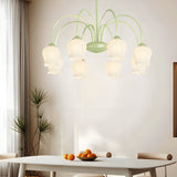 8 Light French Pastoral Bell Orchid Glass Chandelier with 3 Step Dimming for Dining Room