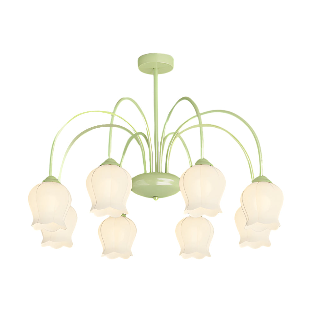 8 Light French Pastoral Bell Orchid Glass Chandelier with 3 Step Dimming for Dining Room