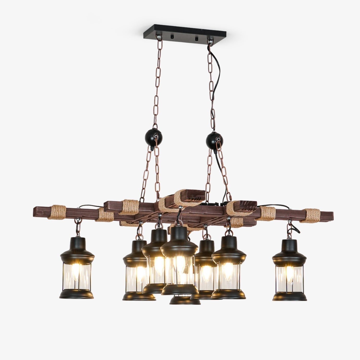 8 Light Rustic Wood Chandelier with Clear Glass Shades and Hemp Rope Accents
