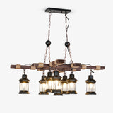8 Light Rustic Wood Chandelier with Clear Glass Shades and Hemp Rope Accents
