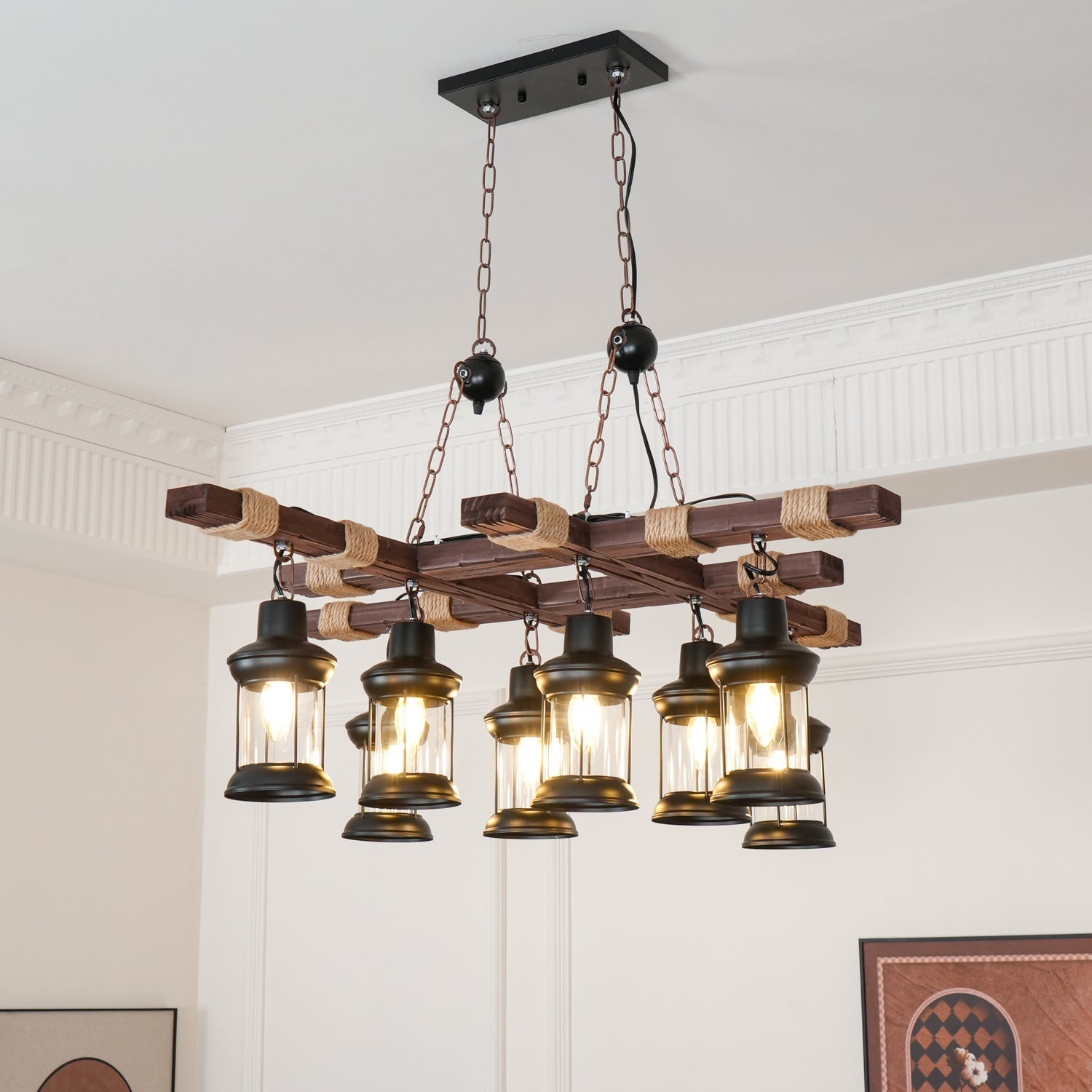 8 Light Rustic Wood Chandelier with Clear Glass Shades and Hemp Rope Accents