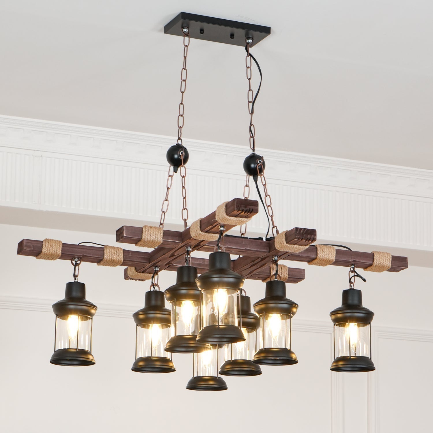 8 Light Rustic Wood Chandelier with Clear Glass Shades and Hemp Rope Accents