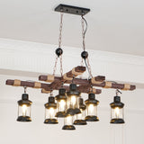 8 Light Rustic Wood Chandelier with Clear Glass Shades and Hemp Rope Accents