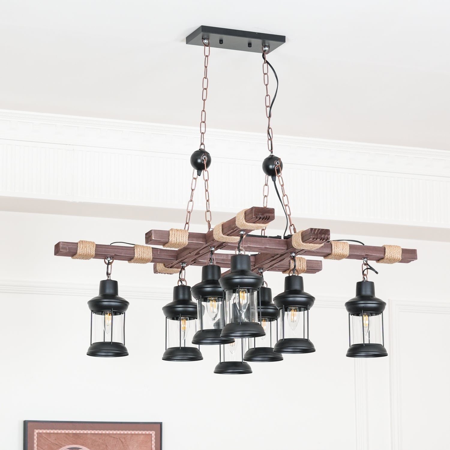 8 Light Rustic Wood Chandelier with Clear Glass Shades and Hemp Rope Accents