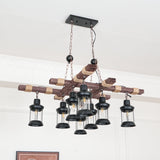 8 Light Rustic Wood Chandelier with Clear Glass Shades and Hemp Rope Accents