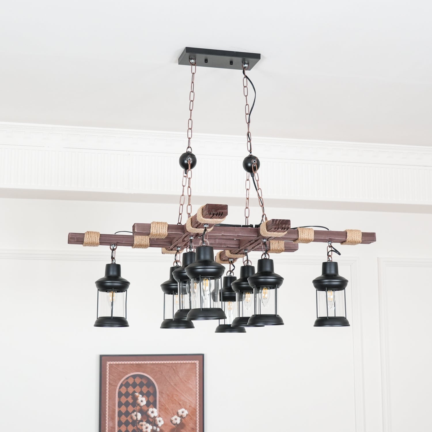 8 Light Rustic Wood Chandelier with Clear Glass Shades and Hemp Rope Accents