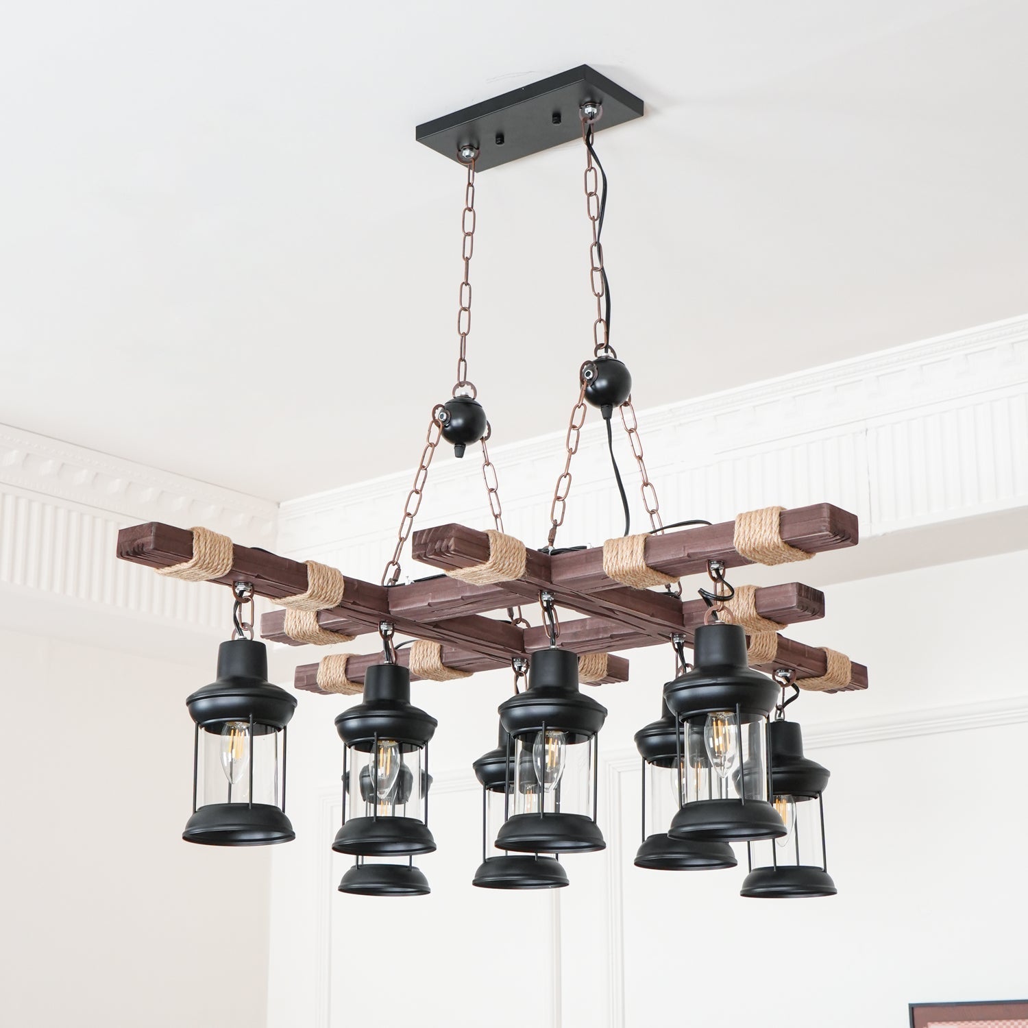 8 Light Rustic Wood Chandelier with Clear Glass Shades and Hemp Rope Accents