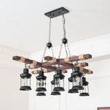 8 Light Rustic Wood Chandelier with Clear Glass Shades and Hemp Rope Accents