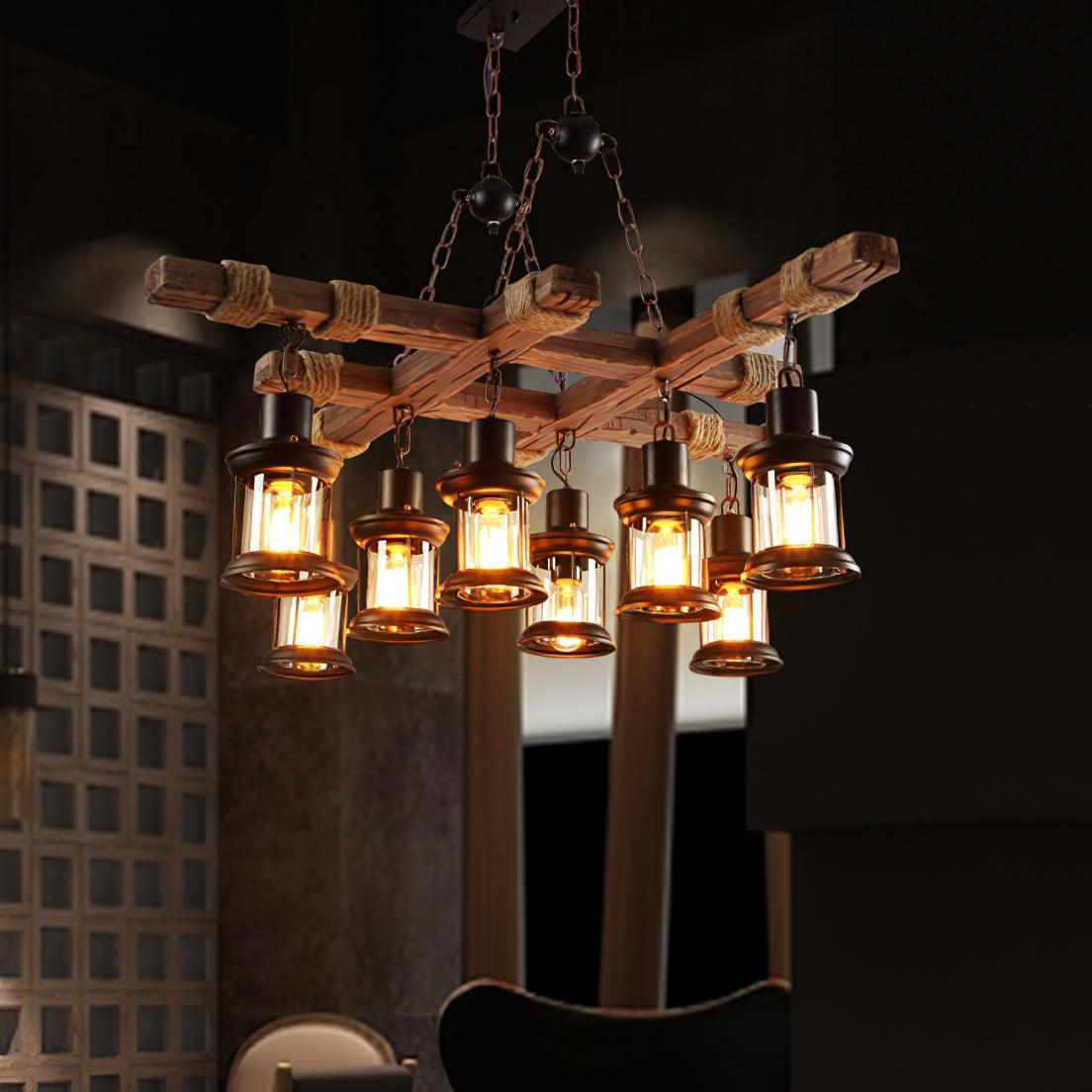 8 Light Rustic Wood Chandelier with Clear Glass Shades and Hemp Rope Accents