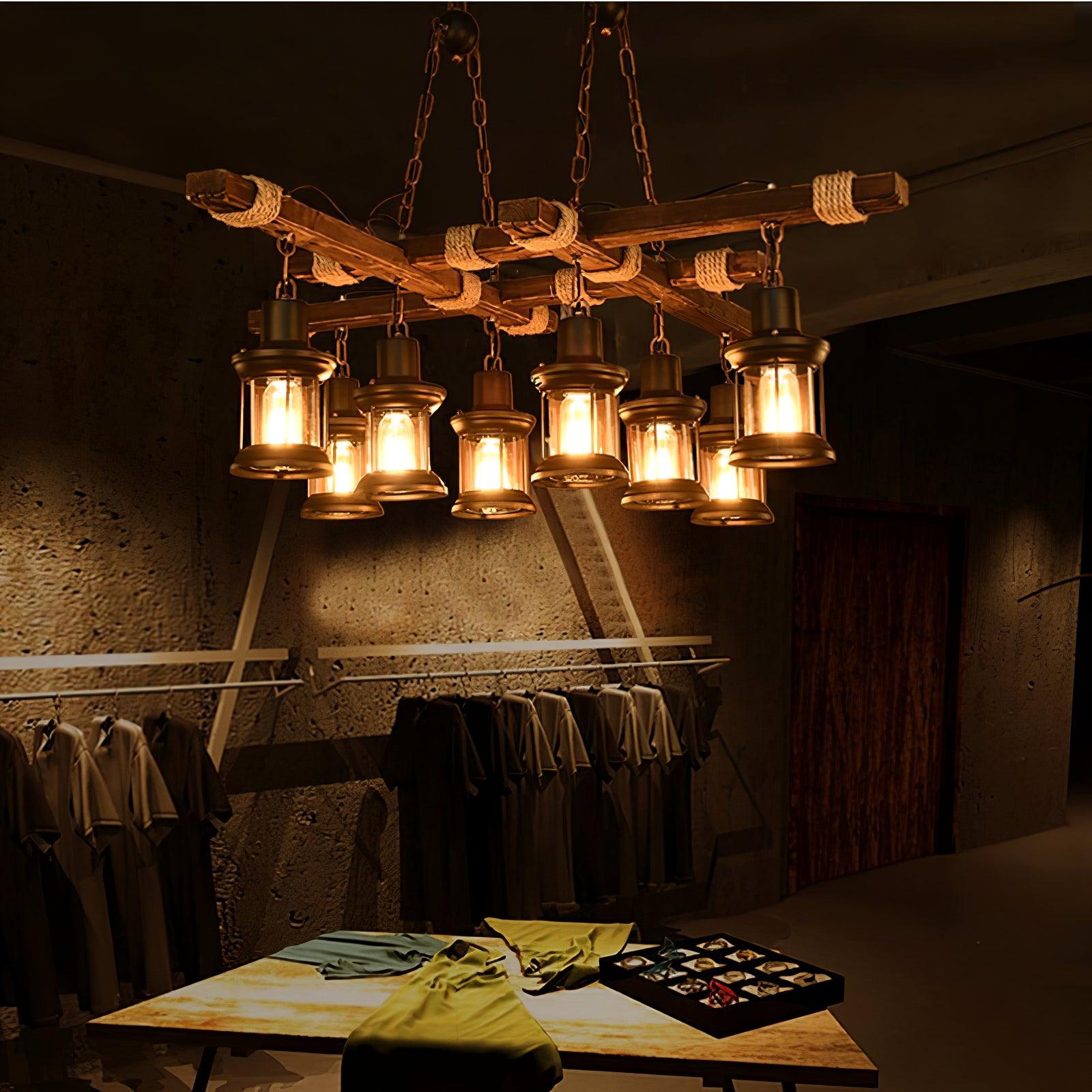 8 Light Rustic Wood Chandelier with Clear Glass Shades and Hemp Rope Accents