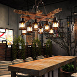 8 Light Rustic Wood Chandelier with Clear Glass Shades and Hemp Rope Accents