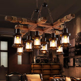 8 Light Rustic Wood Chandelier with Clear Glass Shades and Hemp Rope Accents